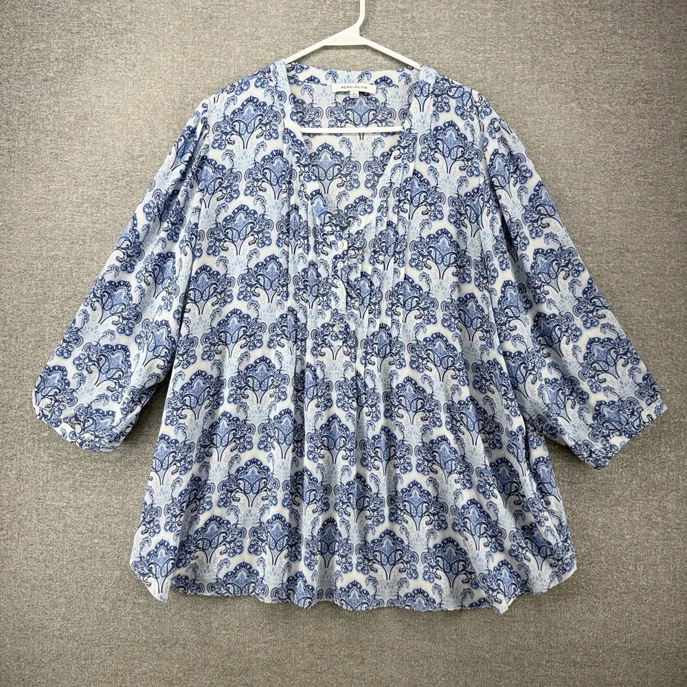 Rose+ Olive Blouse Top Women Size 2X White Paisley Blue 3/4 Sleeve